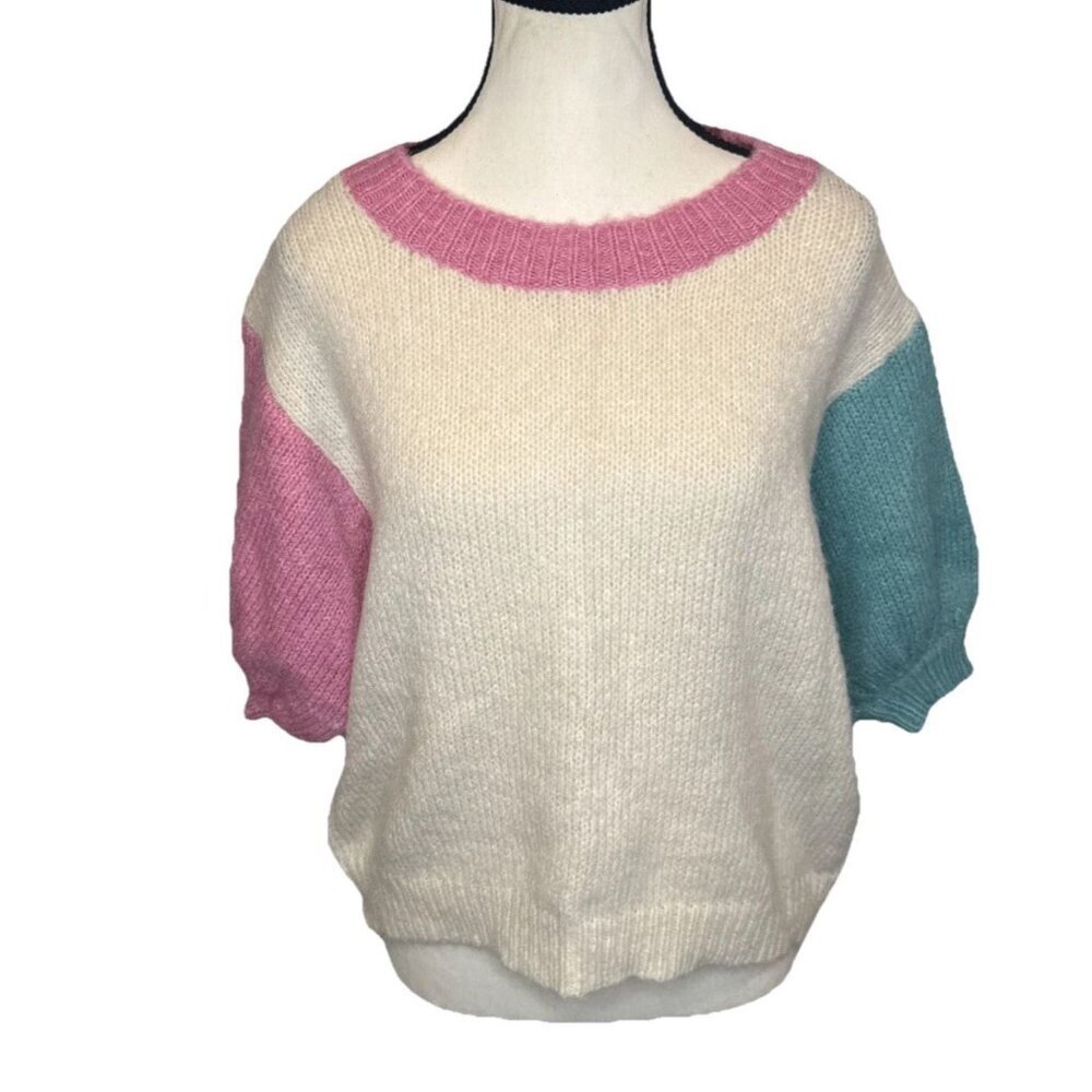Bibi Womens Oversized Colorful Short‎ Puffed Sleeve Sweater Wool Blend Sz S NEW
